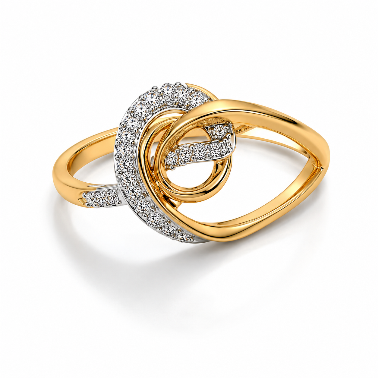 18K Gold Abstract Loop Ring, Two Tone Diamond Knot Ring, Unique Interlocking Wave Band, Dainty Promise Ring for Her, Anniversary Gift