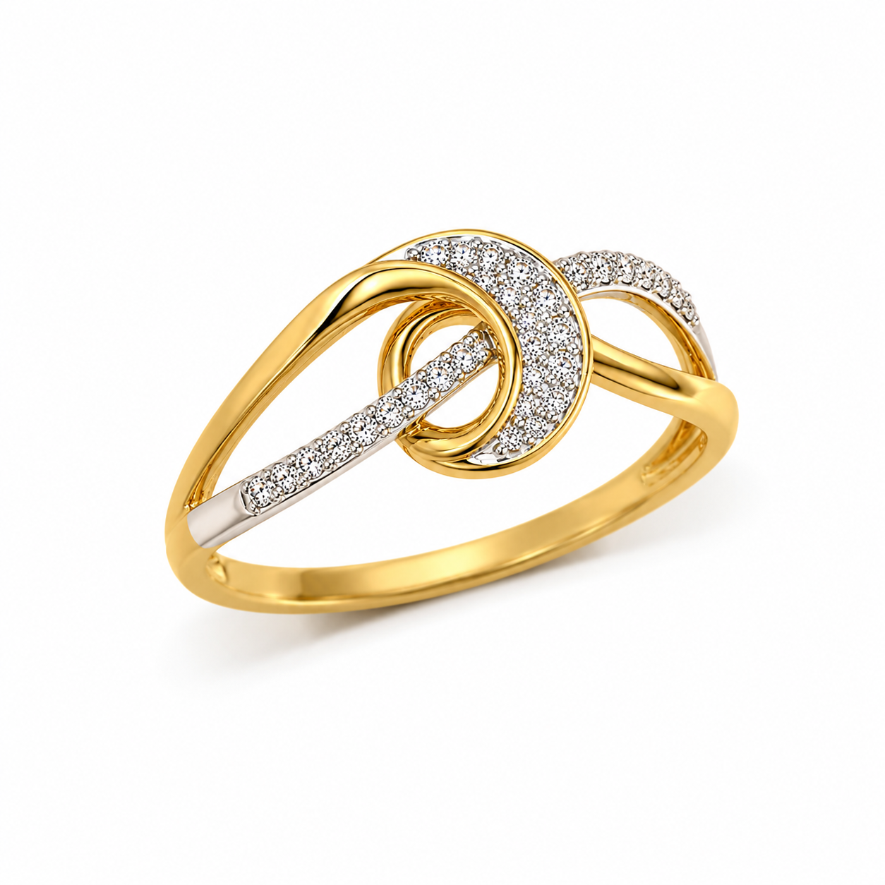 18K Gold Abstract Loop Ring, Two Tone Diamond Knot Ring, Unique Interlocking Wave Band, Dainty Promise Ring for Her, Anniversary Gift