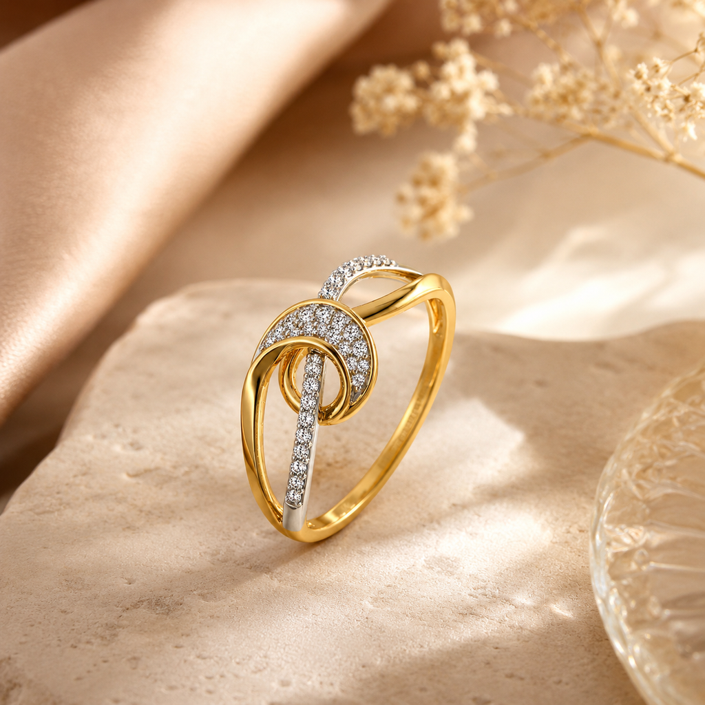 18K Gold Abstract Loop Ring, Two Tone Diamond Knot Ring, Unique Interlocking Wave Band, Dainty Promise Ring for Her, Anniversary Gift