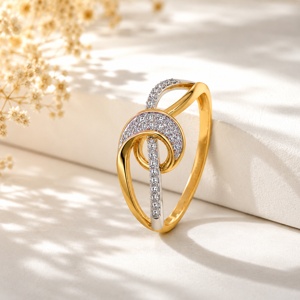 18K Gold Abstract Loop Ring, Two Tone Diamond Knot Ring, Unique Interlocking Wave Band, Dainty Promise Ring for Her, Anniversary Gift