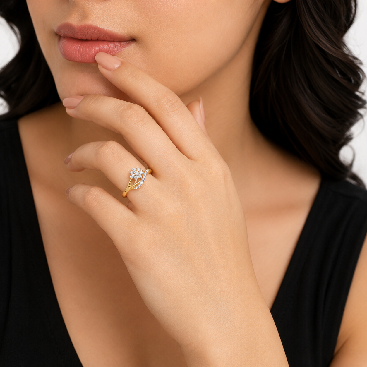 14K Gold Flower Diamond Ring, Cluster Diamond Engagement Ring, Delicate Bypass Floral Ring for Women, Unique Anniversary Gift, Promise Ring