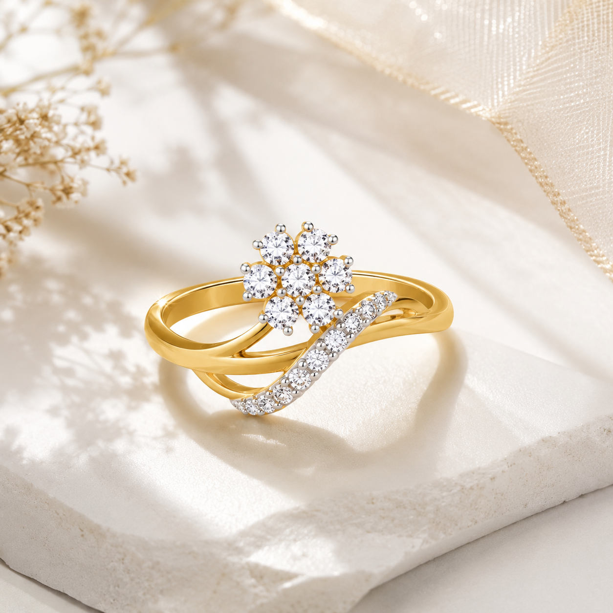 14K Gold Flower Diamond Ring, Cluster Diamond Engagement Ring, Delicate Bypass Floral Ring for Women, Unique Anniversary Gift, Promise Ring