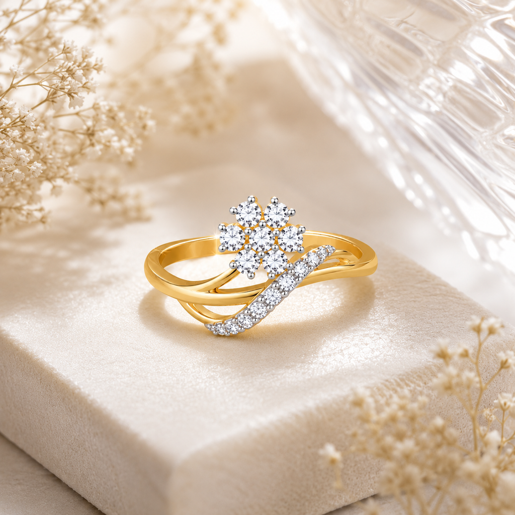 14K Gold Flower Diamond Ring, Cluster Diamond Engagement Ring, Delicate Bypass Floral Ring for Women, Unique Anniversary Gift, Promise Ring