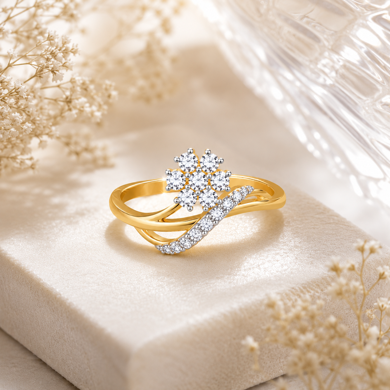 14K Gold Flower Diamond Ring, Cluster Diamond Engagement Ring, Delicate Bypass Floral Ring for Women, Unique Anniversary Gift, Promise Ring