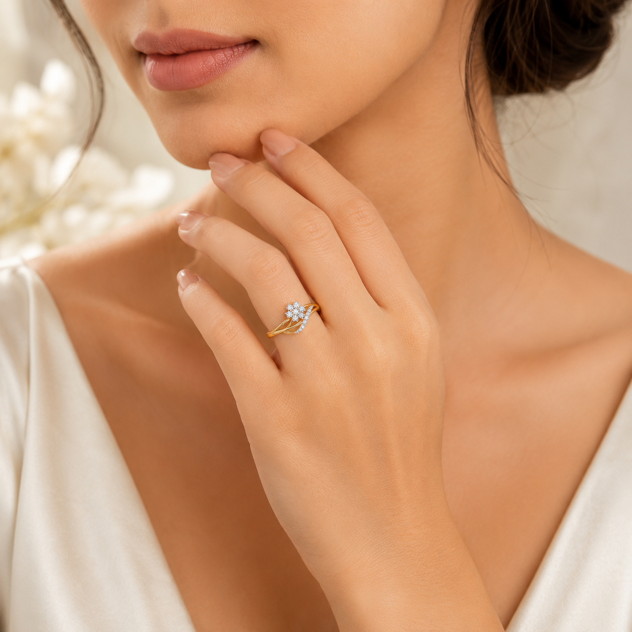 14K Gold Flower Diamond Ring, Cluster Diamond Engagement Ring, Delicate Bypass Floral Ring for Women, Unique Anniversary Gift, Promise Ring