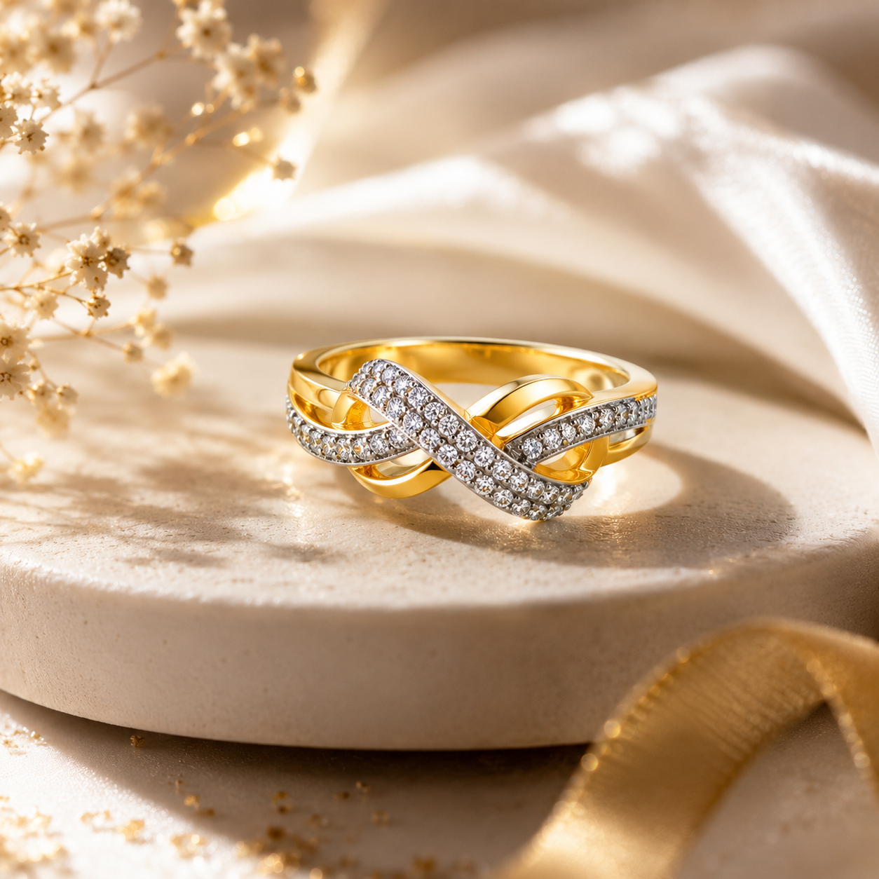 Gold Infinity Ring, Diamond Twist Wedding Band, Interwoven Eternity Ring, Unique Promise Ring for Her, 14K Gold Ribbon Ring, Anniversary Gift