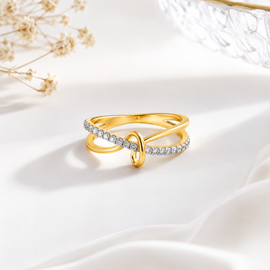 Diamond Wave Ring in 14K Gold, Layered Gold Band Ring, Dainty Infinity Knot Ring, Minimalist Diamond Statement Ring, Unique Anniversary Gift