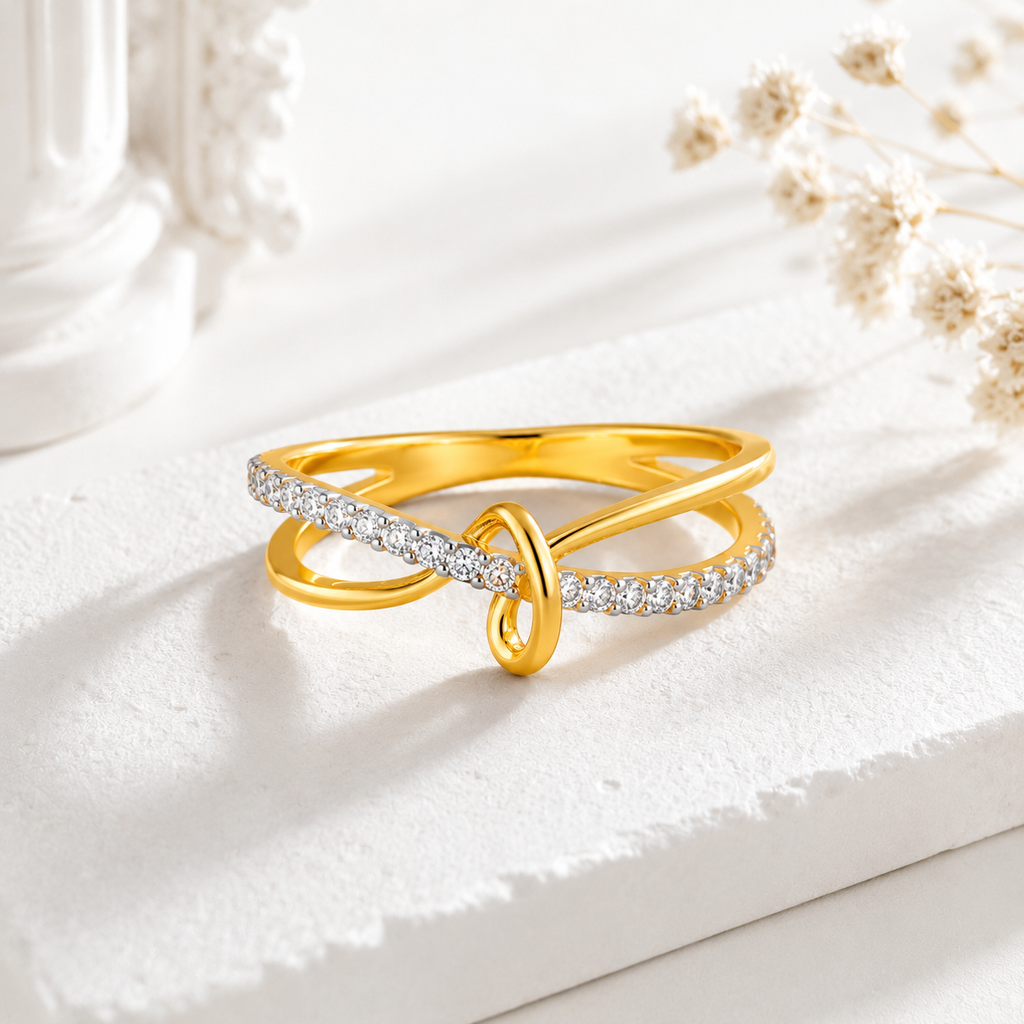 Diamond Wave Ring in 14K Gold, Layered Gold Band Ring, Dainty Infinity Knot Ring, Minimalist Diamond Statement Ring, Unique Anniversary Gift