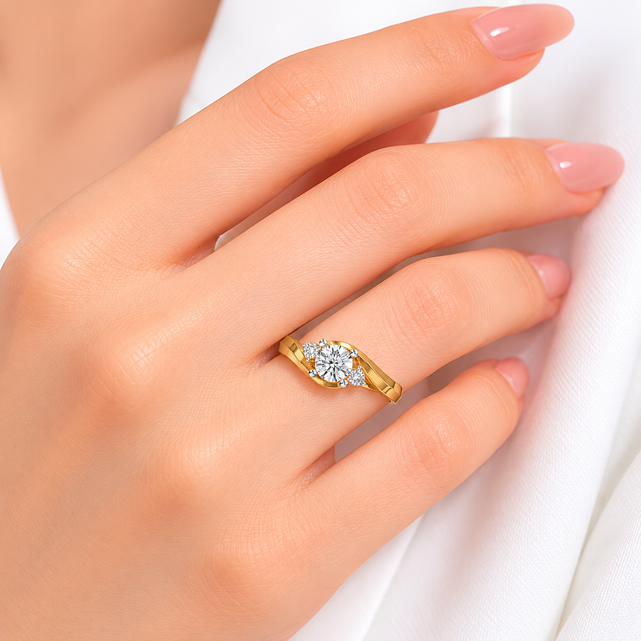 14KT, 3 Stone Diamond Ring, Gold Twist Engagement Ring, Dainty Bypass Promise Ring, Trilogy Anniversary Ring, Unique Wedding Band, Gift for Her