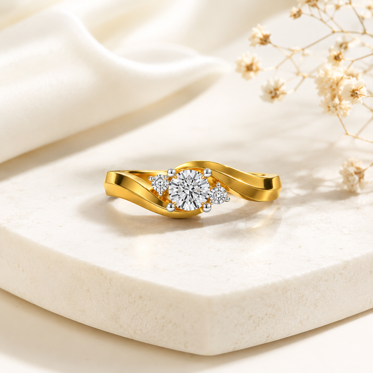 14KT, 3 Stone Diamond Ring, Gold Twist Engagement Ring, Dainty Bypass Promise Ring, Trilogy Anniversary Ring, Unique Wedding Band, Gift for Her