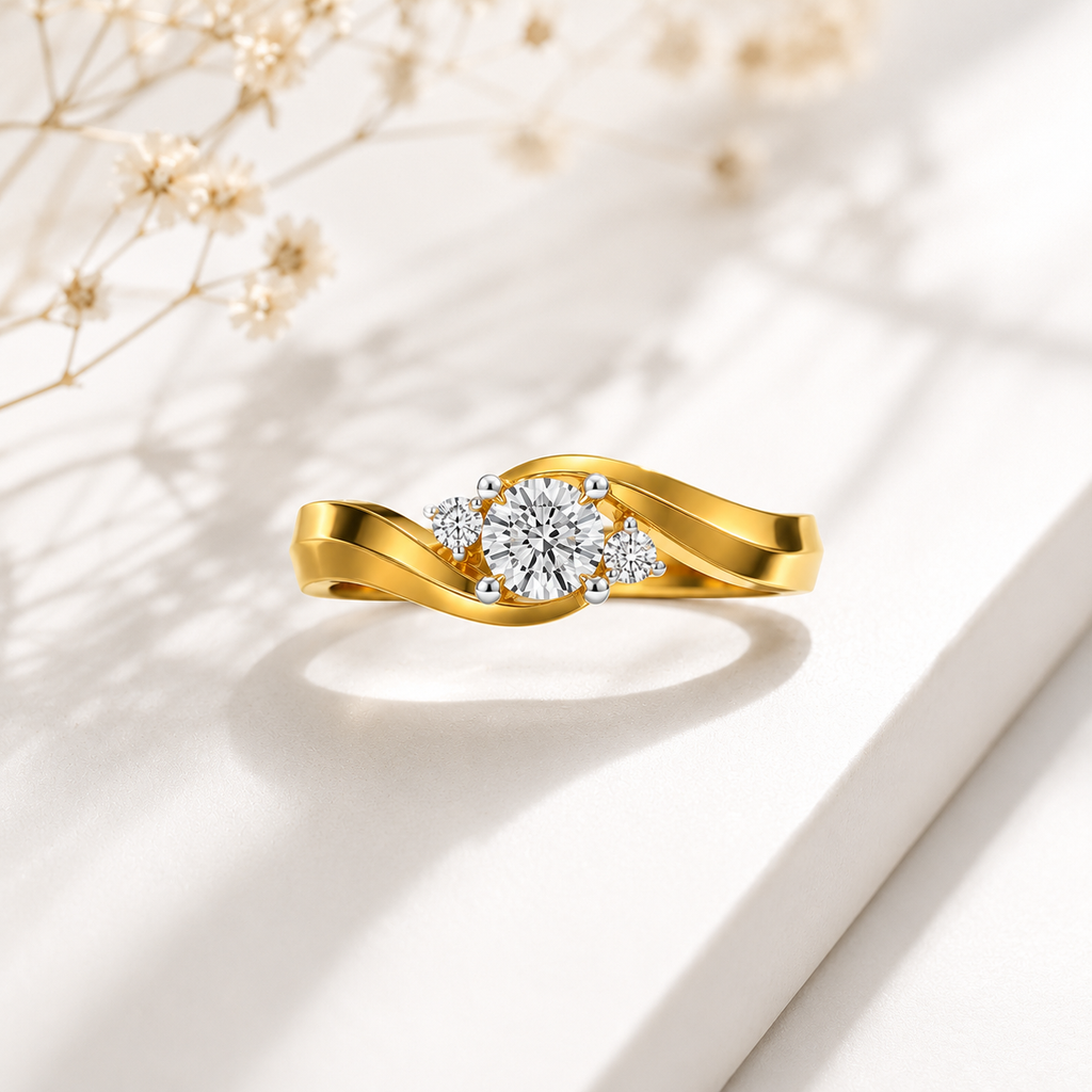 14KT, 3 Stone Diamond Ring, Gold Twist Engagement Ring, Dainty Bypass Promise Ring, Trilogy Anniversary Ring, Unique Wedding Band, Gift for Her