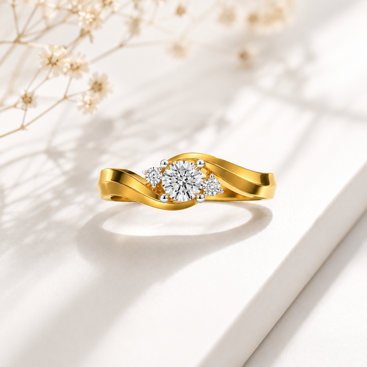 14KT, 3 Stone Diamond Ring, Gold Twist Engagement Ring, Dainty Bypass Promise Ring, Trilogy Anniversary Ring, Unique Wedding Band, Gift for Her