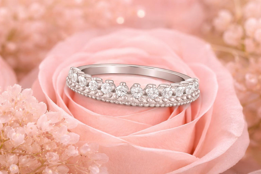 925 Silver Crown Ring, Cubic Zirconia Princess Band, Dainty Fairytale Stacking Ring